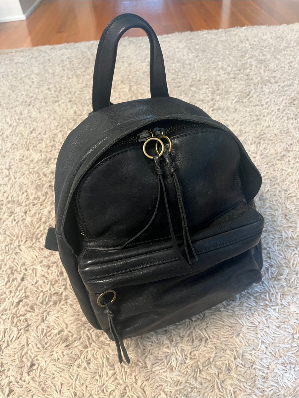 Madewell Black Leather Mini Backpack with Gold Rings